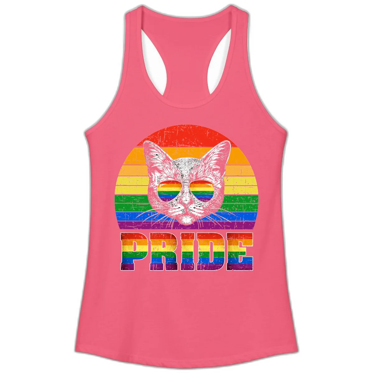 Illustration of a cool cat wearing rainbow-reflective sunglasses with the word PRIDE below, set against a rainbow striped background in Hot Pink