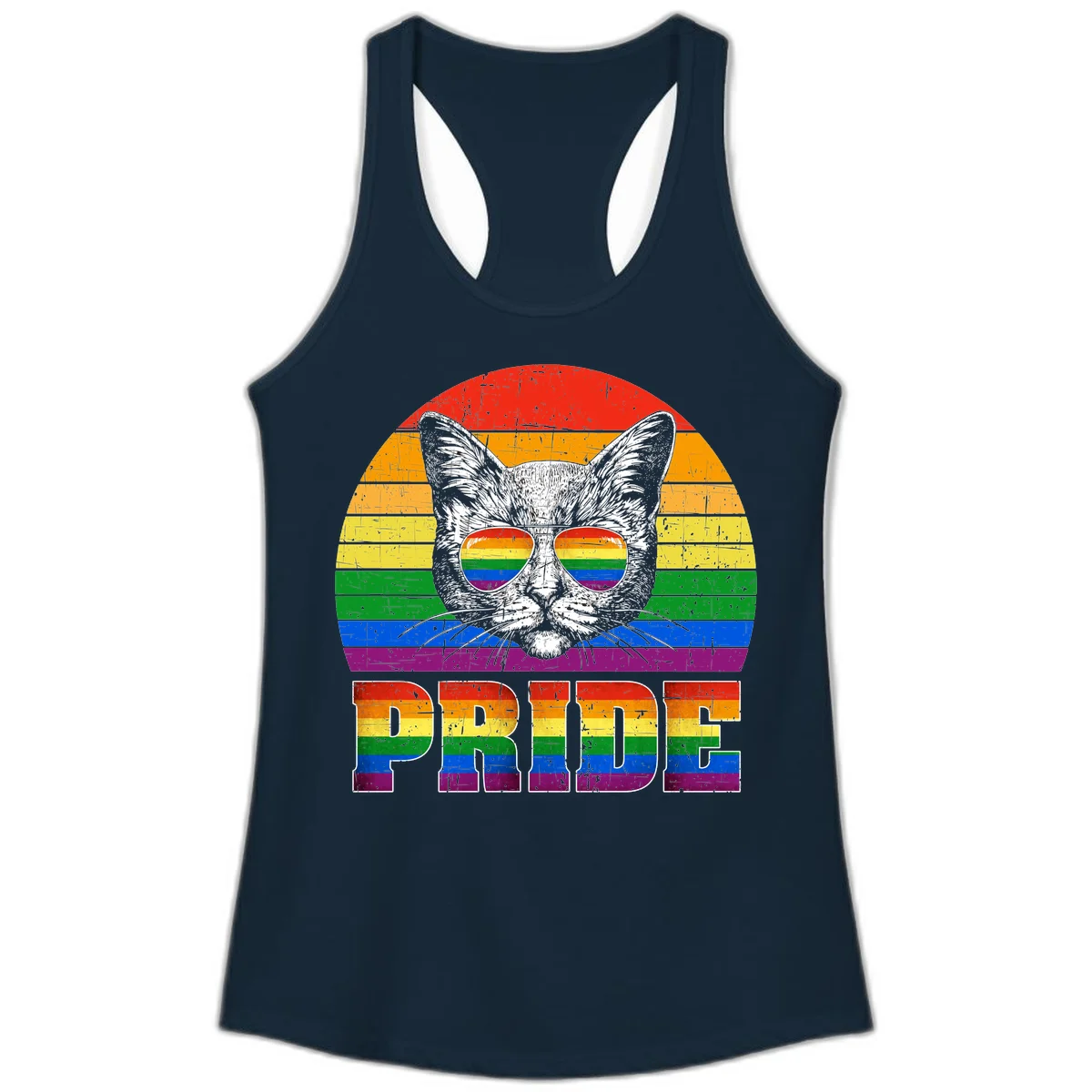 Illustration of a cool cat wearing rainbow-reflective sunglasses with the word PRIDE below, set against a rainbow striped background in Solid Midnight Navy