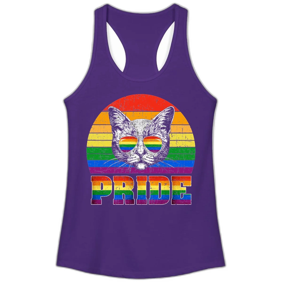 Illustration of a cool cat wearing rainbow-reflective sunglasses with the word PRIDE below, set against a rainbow striped background in Solid Purple Rush