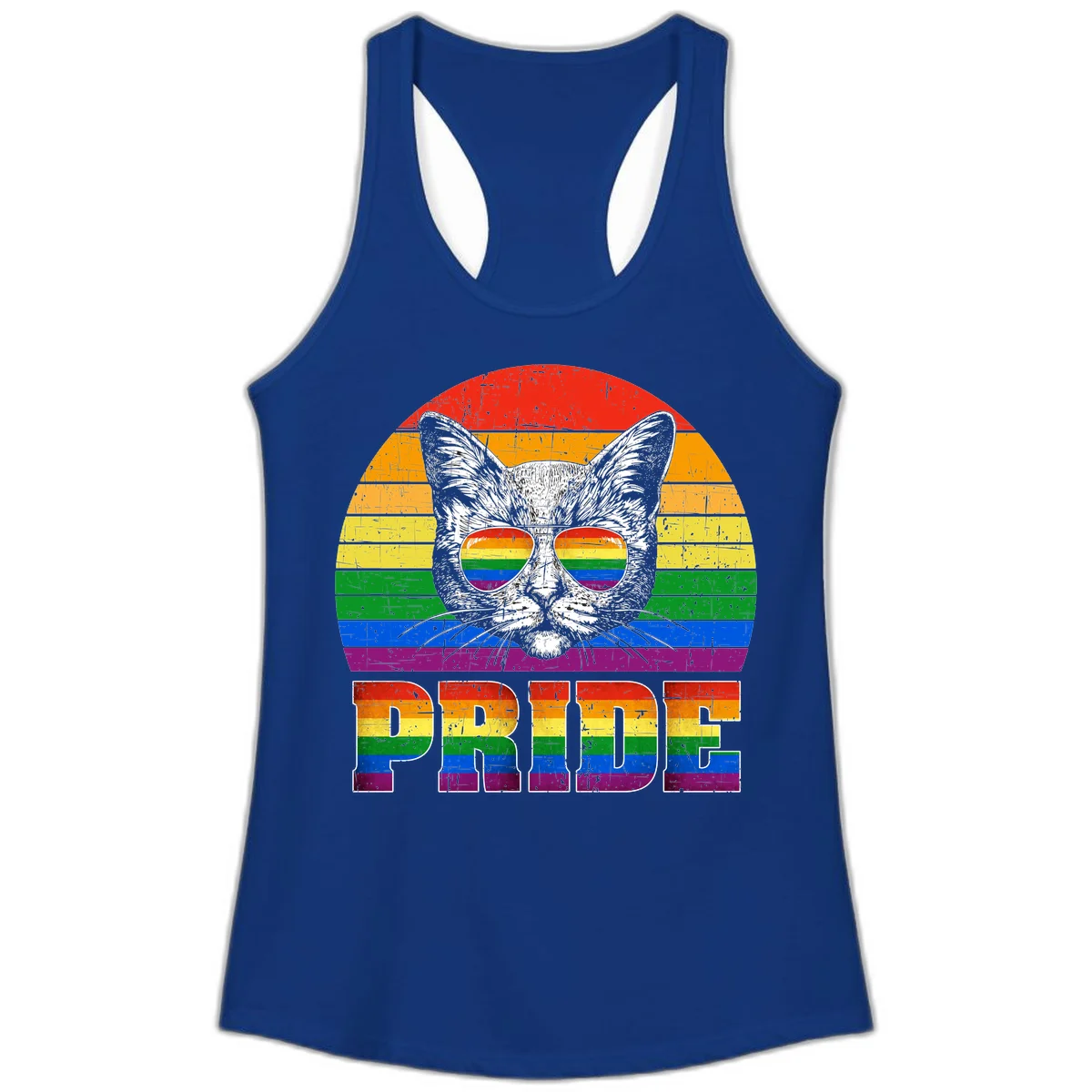 Illustration of a cool cat wearing rainbow-reflective sunglasses with the word PRIDE below, set against a rainbow striped background in Solid Royal