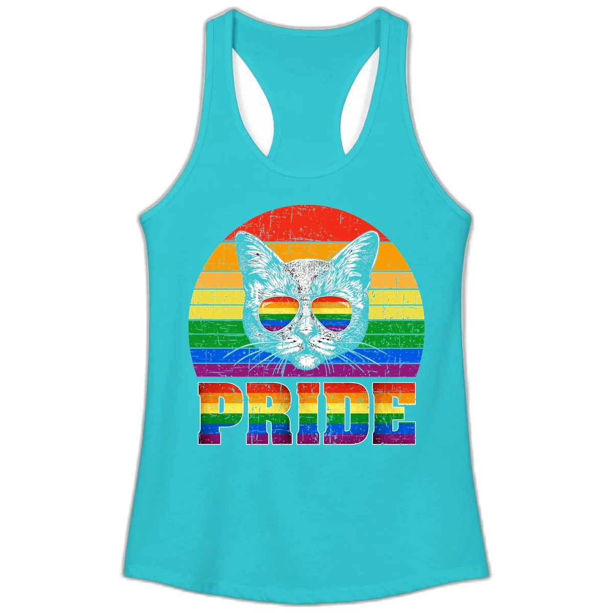 Illustration of a cool cat wearing rainbow-reflective sunglasses with the word PRIDE below, set against a rainbow striped background in Solid Tahiti Blue