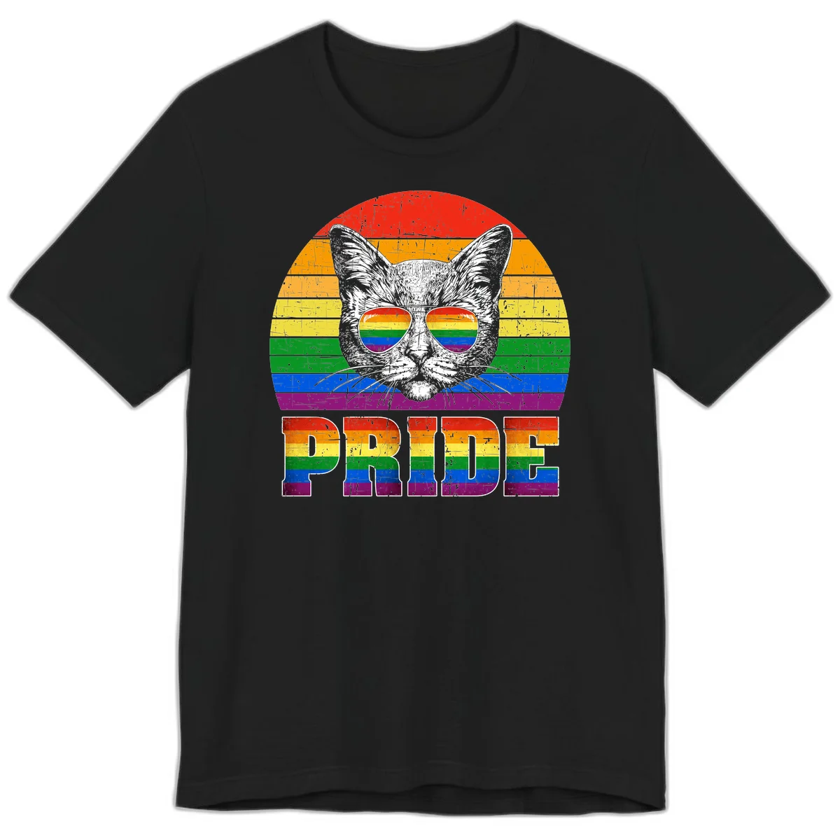 Illustration of a cool cat wearing rainbow-reflective sunglasses with the word PRIDE below, set against a rainbow striped background in Black