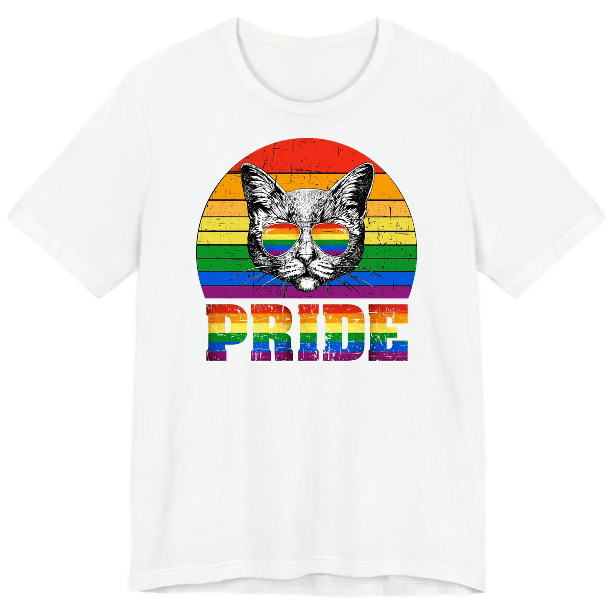 Illustration of a cool cat wearing rainbow-reflective sunglasses with the word PRIDE below, set against a rainbow striped background in White