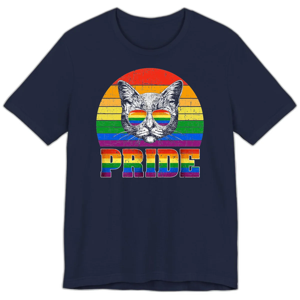 Illustration of a cool cat wearing rainbow-reflective sunglasses with the word PRIDE below, set against a rainbow striped background in Navy