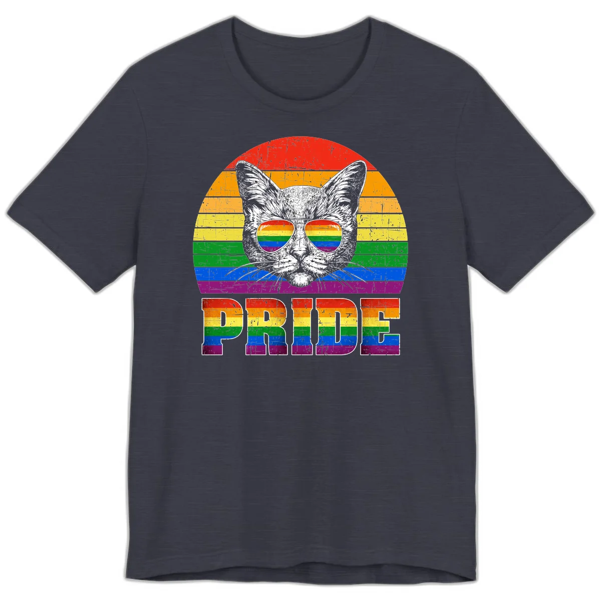 Illustration of a cool cat wearing rainbow-reflective sunglasses with the word PRIDE below, set against a rainbow striped background in Heather Midnight Navy