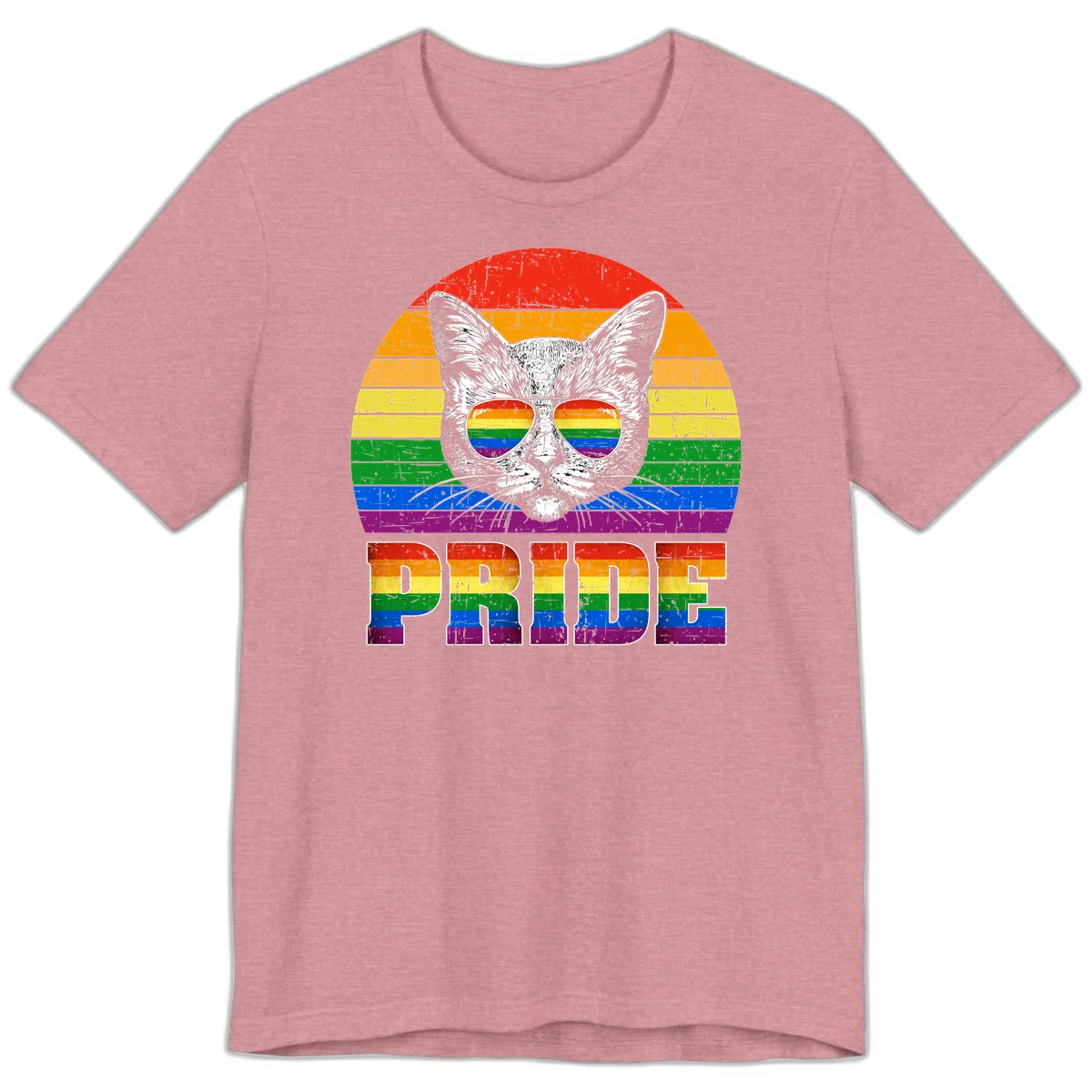 Illustration of a cool cat wearing rainbow-reflective sunglasses with the word PRIDE below, set against a rainbow striped background in Heather Orchid