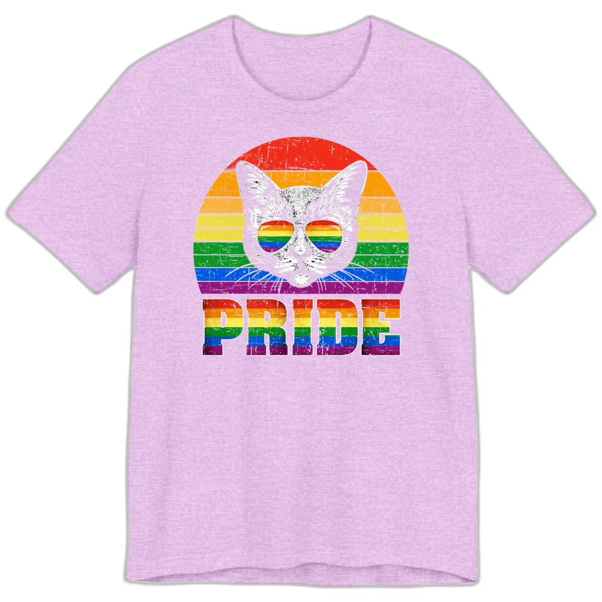 Illustration of a cool cat wearing rainbow-reflective sunglasses with the word PRIDE below, set against a rainbow striped background in Heather Prism Lilac