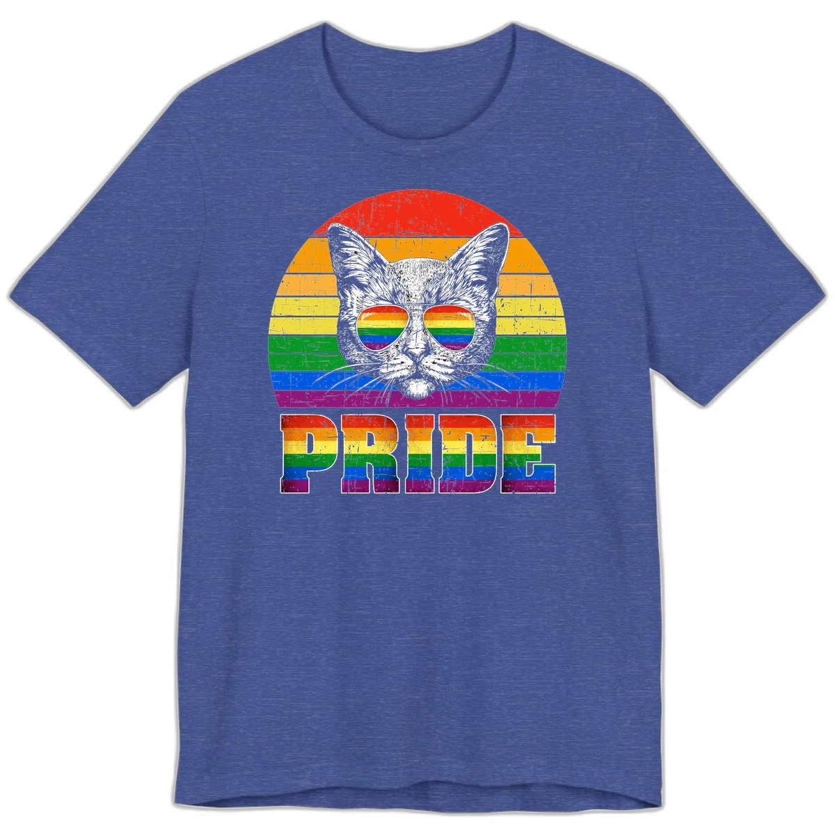 Illustration of a cool cat wearing rainbow-reflective sunglasses with the word PRIDE below, set against a rainbow striped background in Heather True Royal