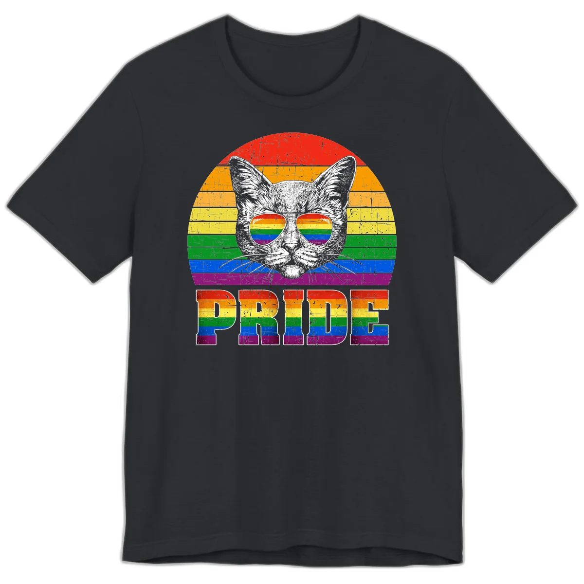 Illustration of a cool cat wearing rainbow-reflective sunglasses with the word PRIDE below, set against a rainbow striped background in Vintage Black