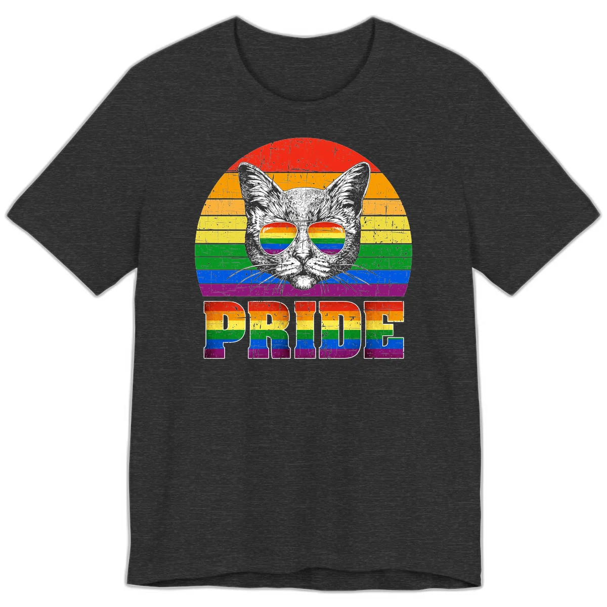 Illustration of a cool cat wearing rainbow-reflective sunglasses with the word PRIDE below, set against a rainbow striped background in Dark Grey Heather