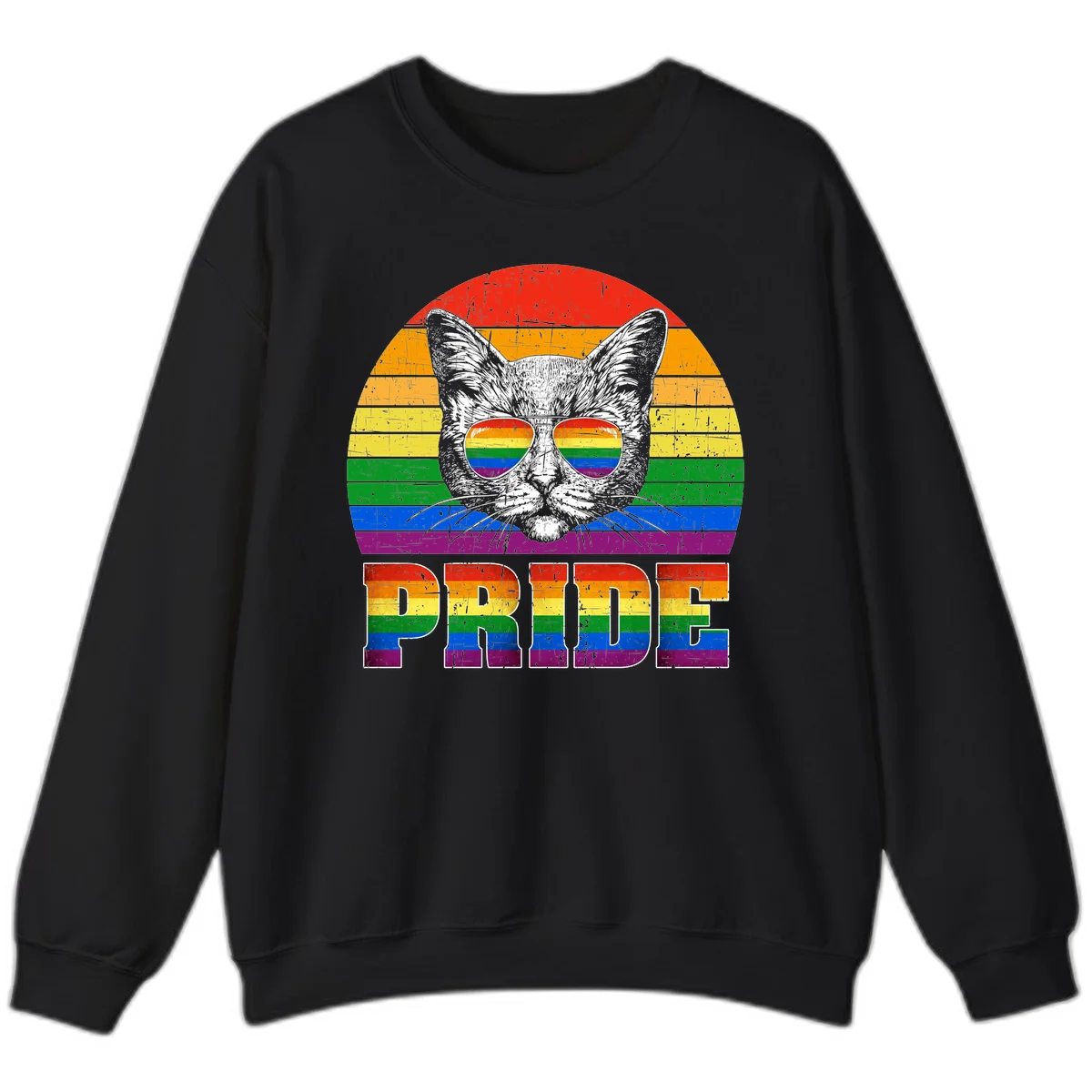 Illustration of a cool cat wearing rainbow-reflective sunglasses with the word PRIDE below, set against a rainbow striped background in Black