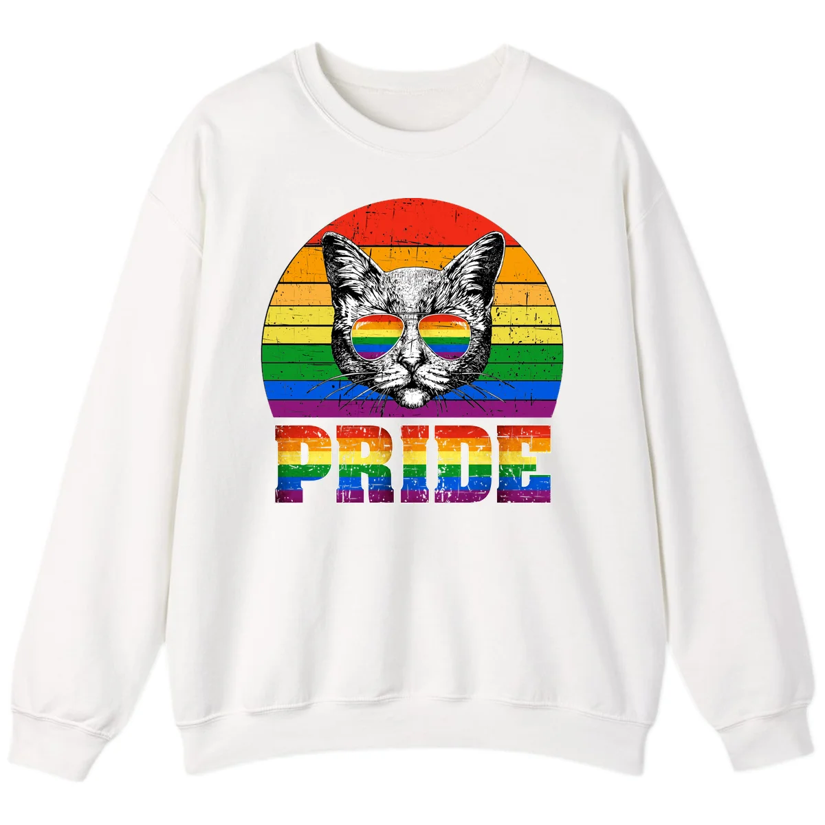 Illustration of a cool cat wearing rainbow-reflective sunglasses with the word PRIDE below, set against a rainbow striped background in White