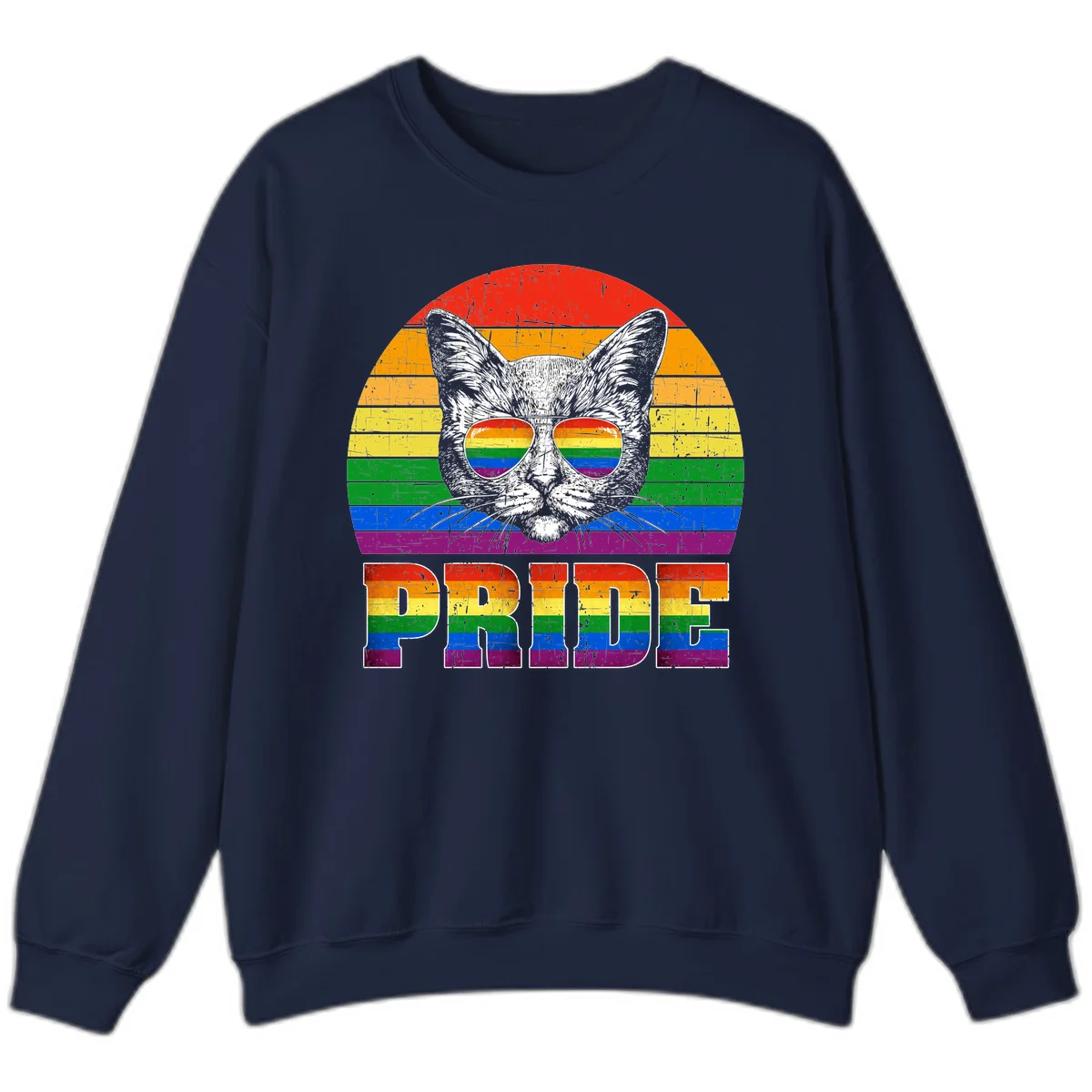 Illustration of a cool cat wearing rainbow-reflective sunglasses with the word PRIDE below, set against a rainbow striped background in Navy