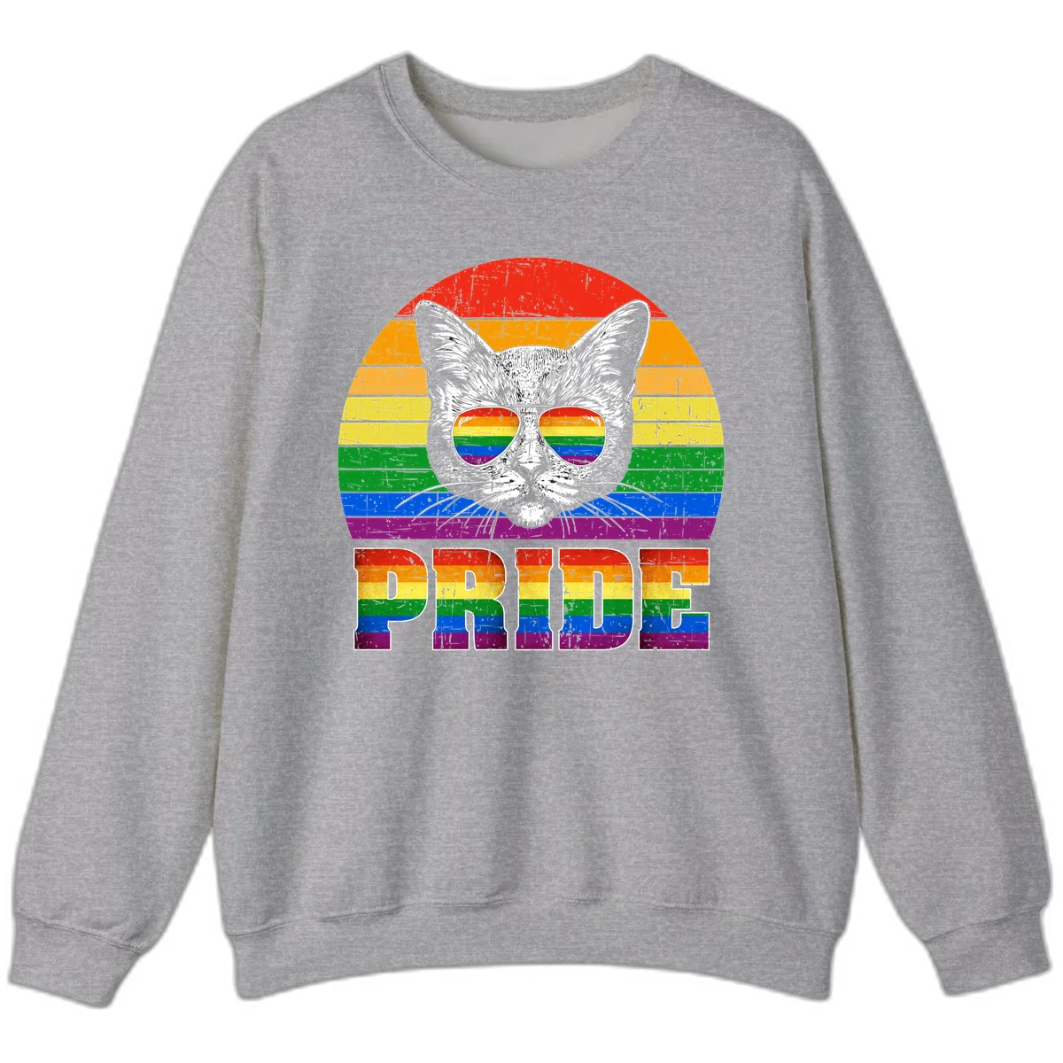 Illustration of a cool cat wearing rainbow-reflective sunglasses with the word PRIDE below, set against a rainbow striped background in Sport Grey