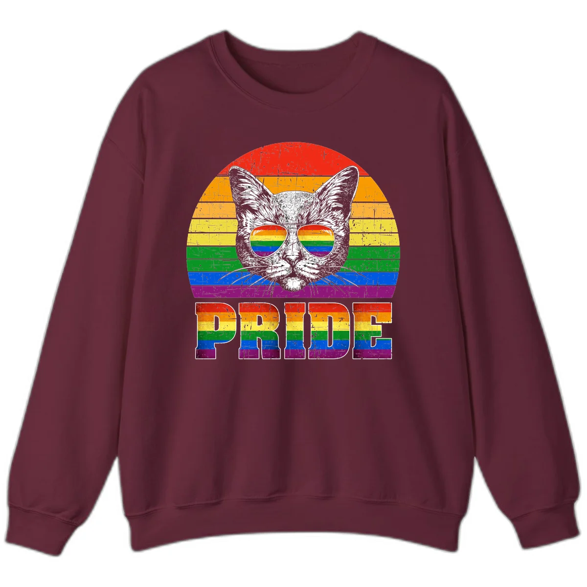 Illustration of a cool cat wearing rainbow-reflective sunglasses with the word PRIDE below, set against a rainbow striped background in Maroon