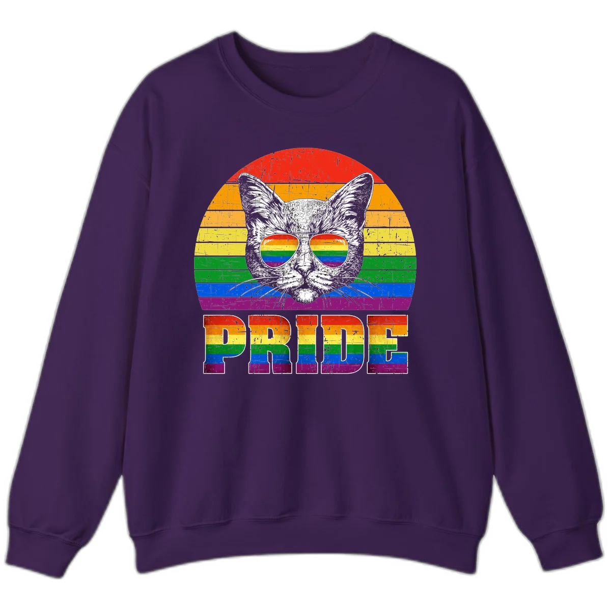 Illustration of a cool cat wearing rainbow-reflective sunglasses with the word PRIDE below, set against a rainbow striped background in Purple