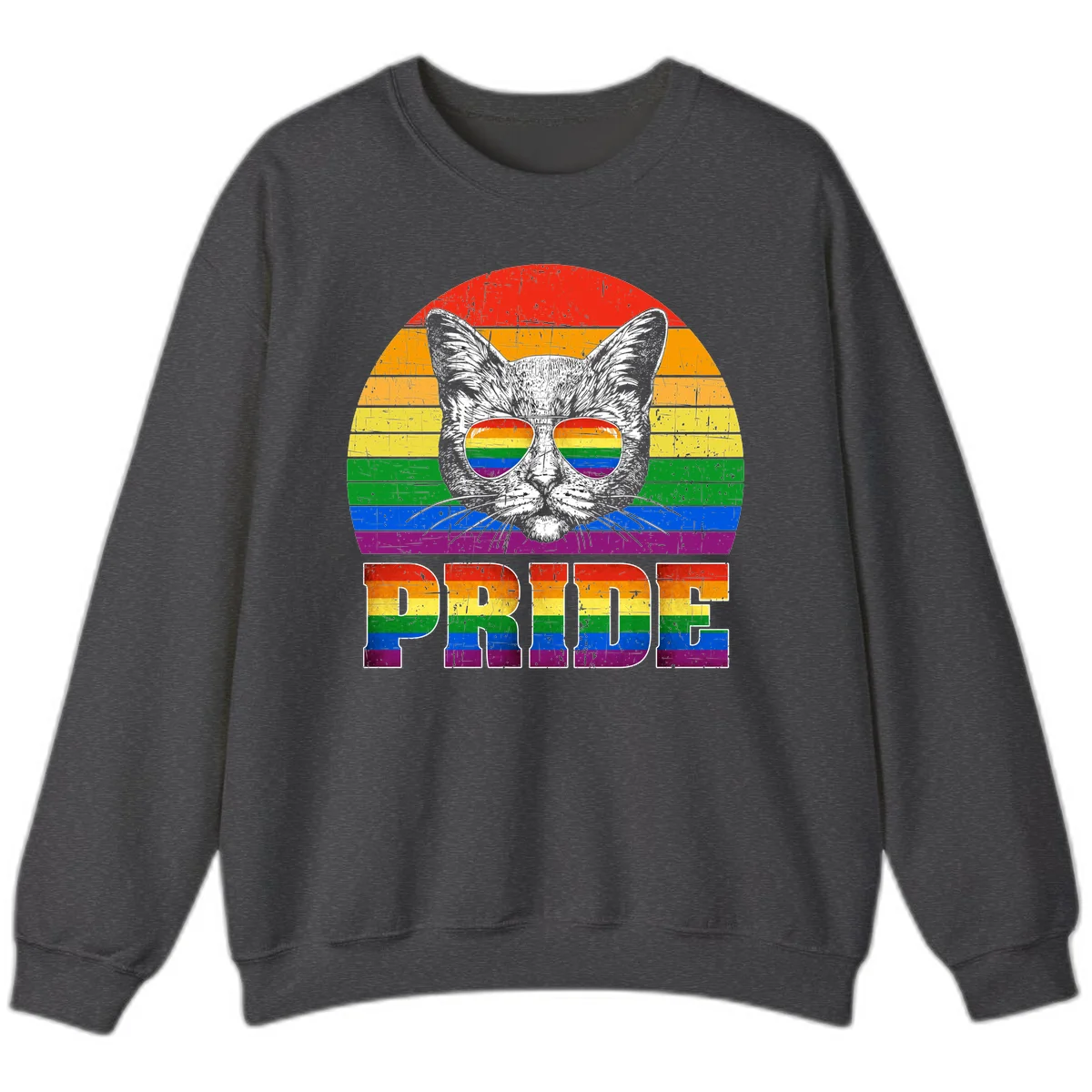 Illustration of a cool cat wearing rainbow-reflective sunglasses with the word PRIDE below, set against a rainbow striped background in Dark Heather