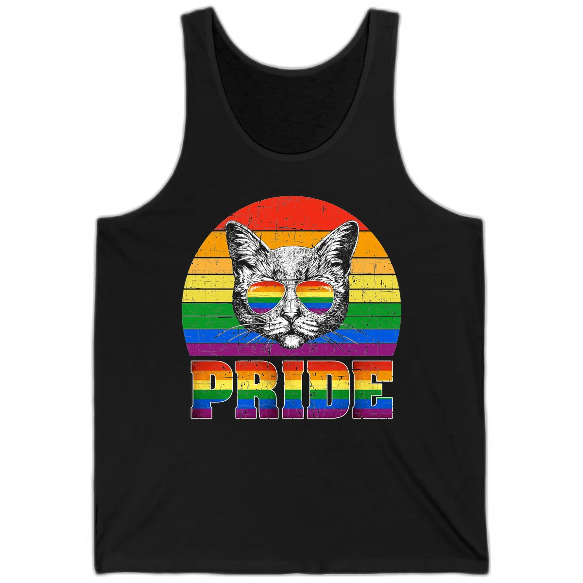 Illustration of a cool cat wearing rainbow-reflective sunglasses with the word PRIDE below, set against a rainbow striped background in Black
