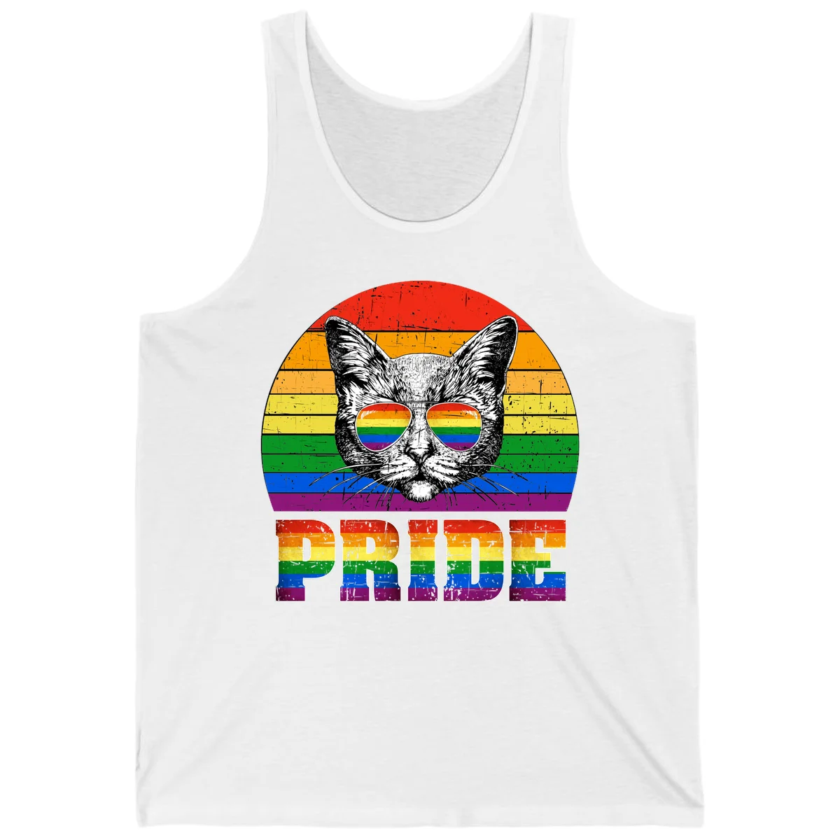 Illustration of a cool cat wearing rainbow-reflective sunglasses with the word PRIDE below, set against a rainbow striped background in White