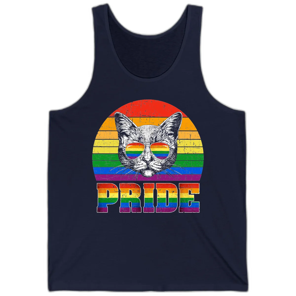 Illustration of a cool cat wearing rainbow-reflective sunglasses with the word PRIDE below, set against a rainbow striped background in Navy