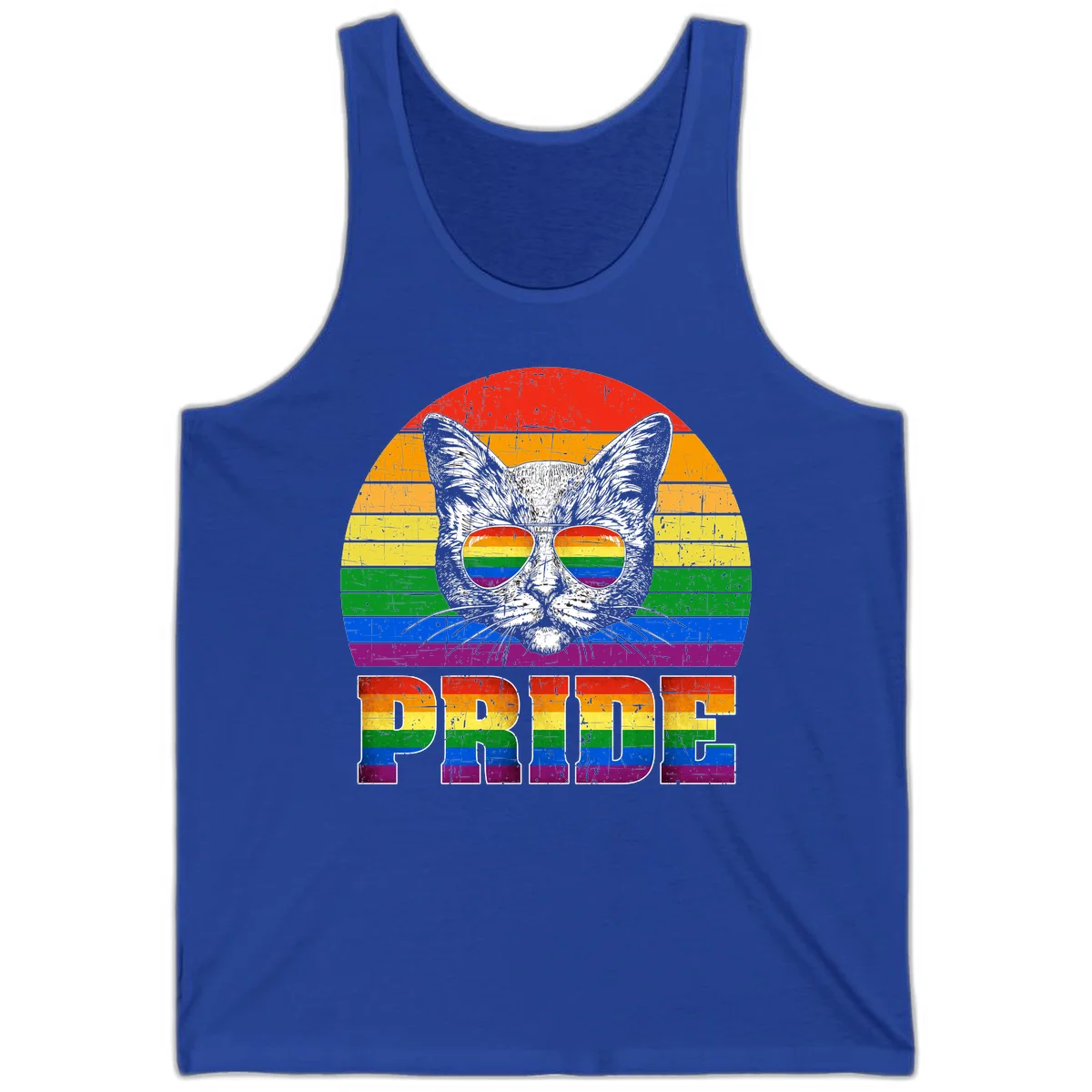 Illustration of a cool cat wearing rainbow-reflective sunglasses with the word PRIDE below, set against a rainbow striped background in True Royal