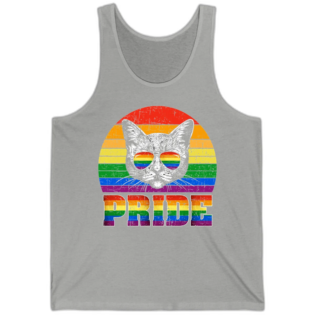 Illustration of a cool cat wearing rainbow-reflective sunglasses with the word PRIDE below, set against a rainbow striped background in Athletic Heather