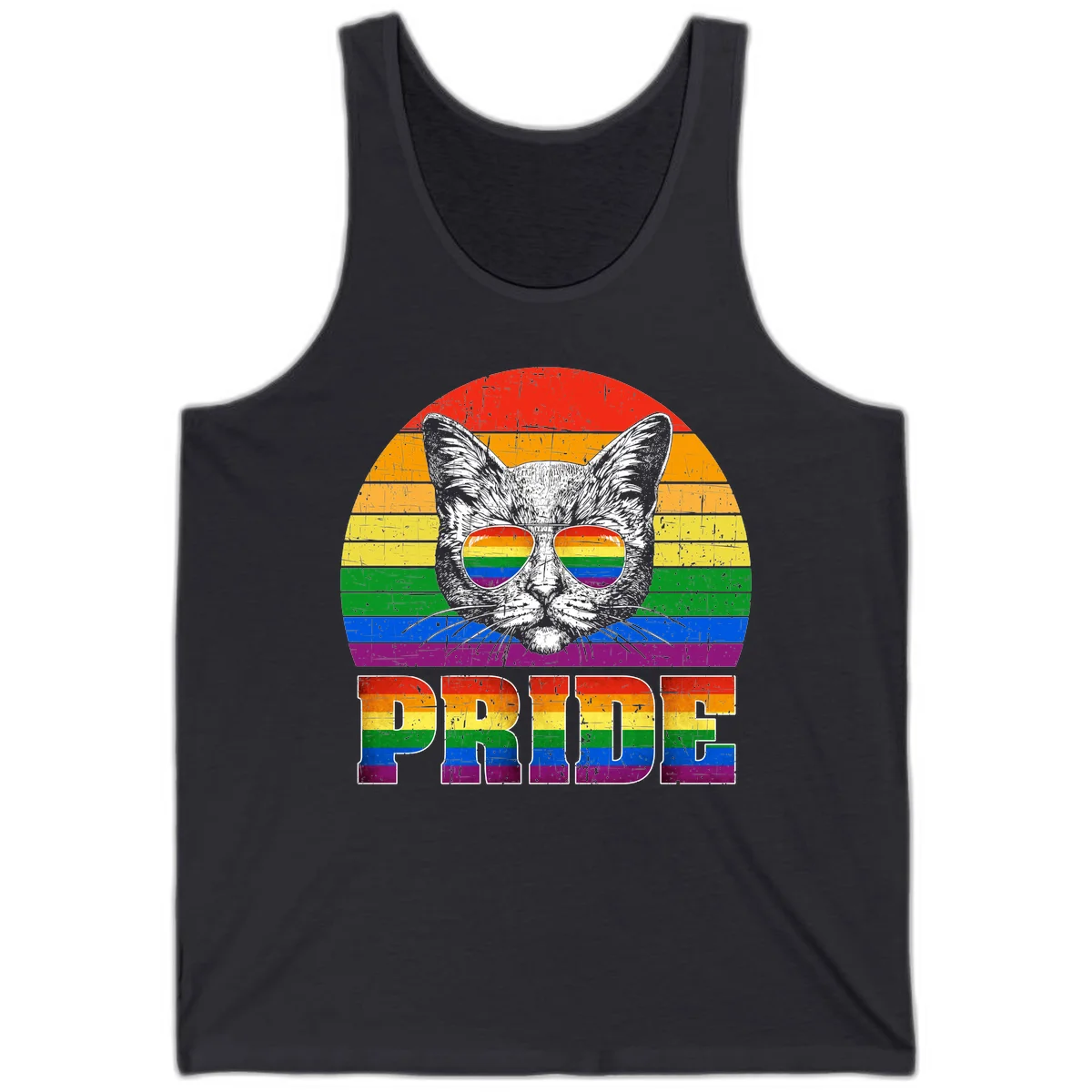 Illustration of a cool cat wearing rainbow-reflective sunglasses with the word PRIDE below, set against a rainbow striped background in Dark Grey
