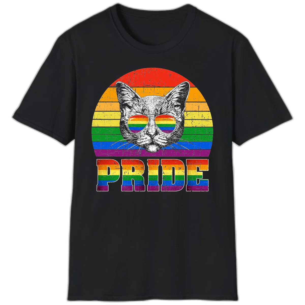 Illustration of a cool cat wearing rainbow-reflective sunglasses with the word PRIDE below, set against a rainbow striped background in Black