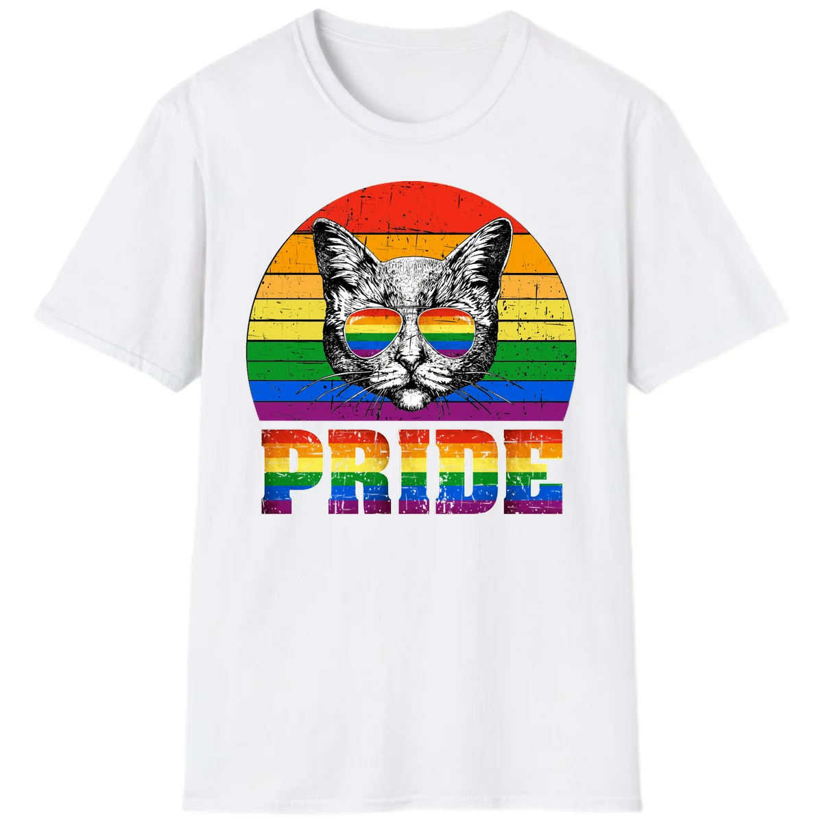 Illustration of a cool cat wearing rainbow-reflective sunglasses with the word PRIDE below, set against a rainbow striped background in White
