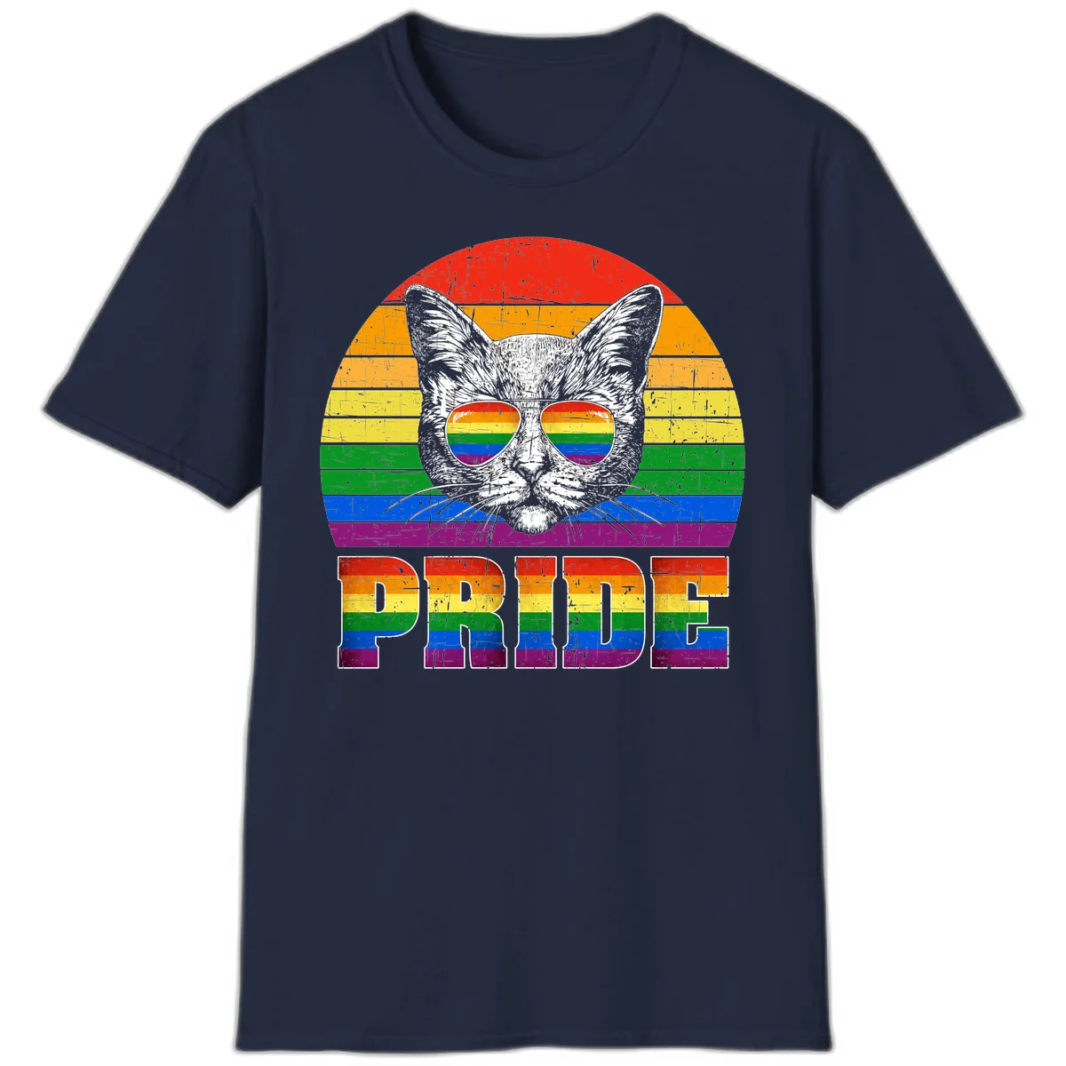 Illustration of a cool cat wearing rainbow-reflective sunglasses with the word PRIDE below, set against a rainbow striped background in Navy
