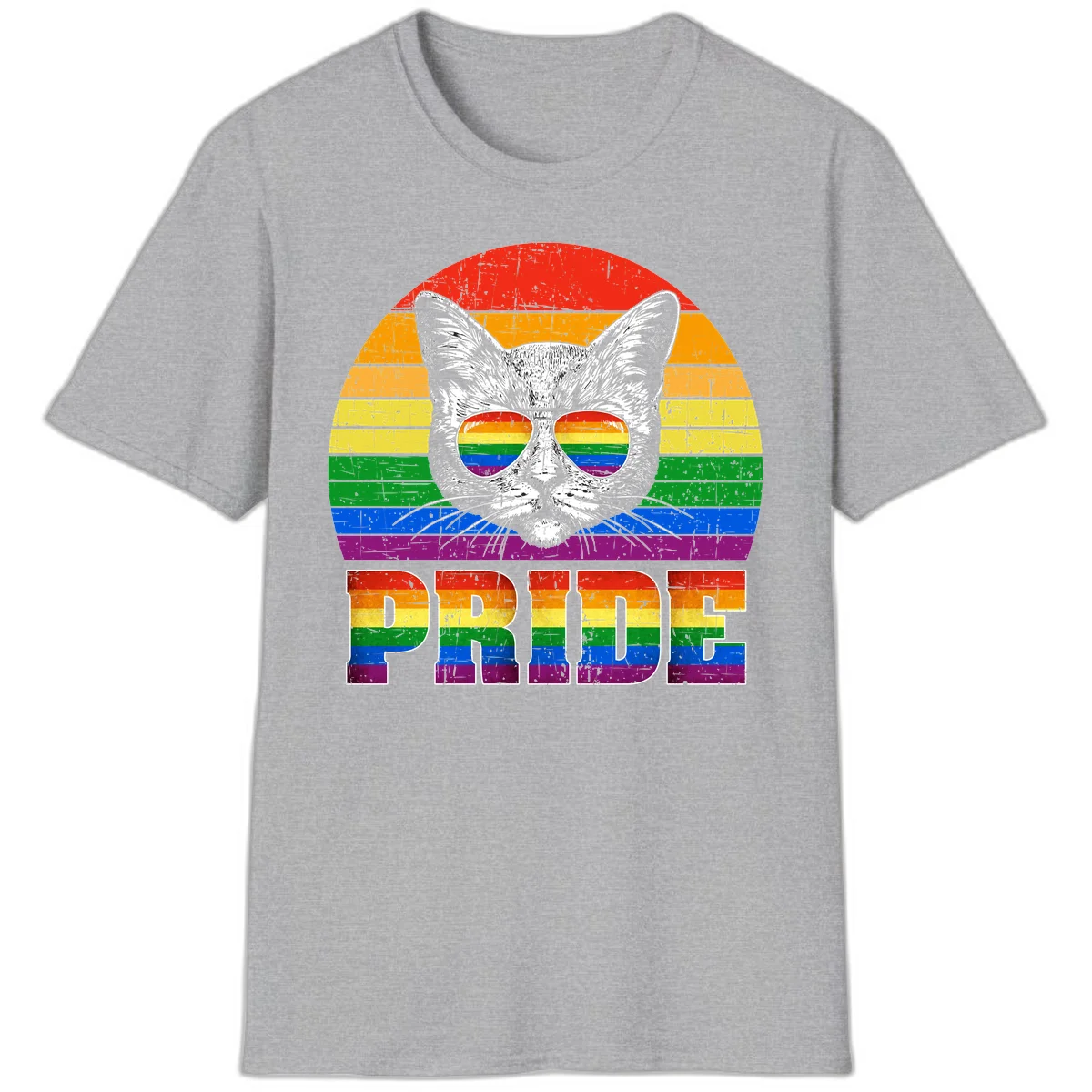 Illustration of a cool cat wearing rainbow-reflective sunglasses with the word PRIDE below, set against a rainbow striped background in Sport Grey