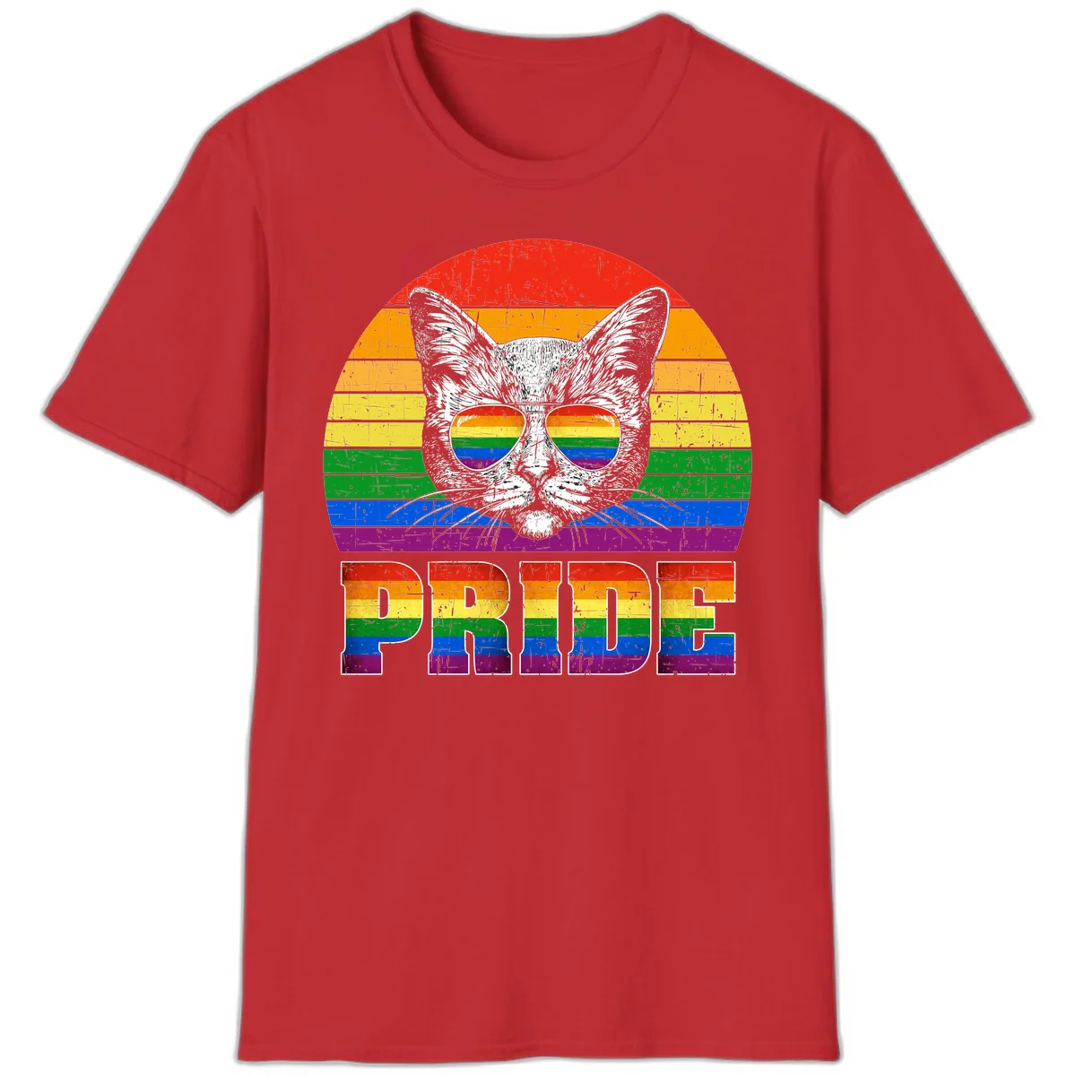 Illustration of a cool cat wearing rainbow-reflective sunglasses with the word PRIDE below, set against a rainbow striped background in Red
