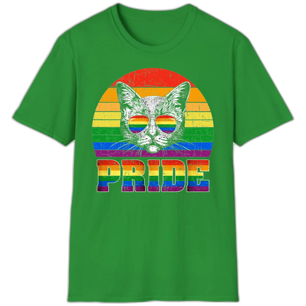 Illustration of a cool cat wearing rainbow-reflective sunglasses with the word PRIDE below, set against a rainbow striped background in Irish Green