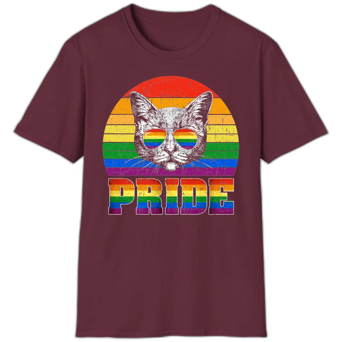 Illustration of a cool cat wearing rainbow-reflective sunglasses with the word PRIDE below, set against a rainbow striped background in Maroon