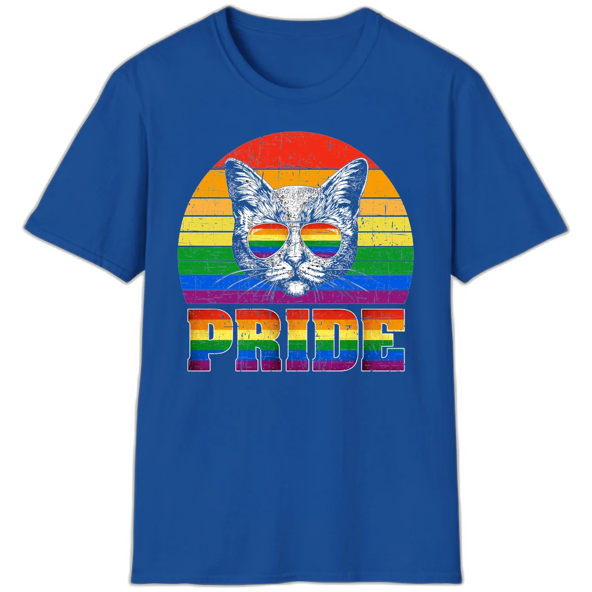 Illustration of a cool cat wearing rainbow-reflective sunglasses with the word PRIDE below, set against a rainbow striped background in Royal