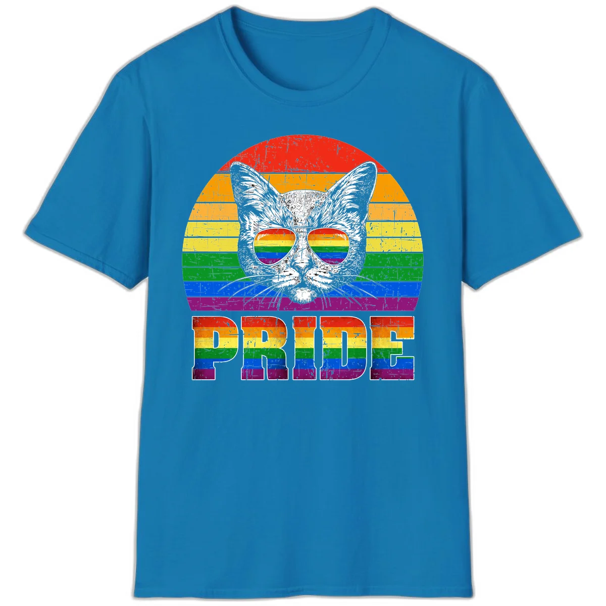 Illustration of a cool cat wearing rainbow-reflective sunglasses with the word PRIDE below, set against a rainbow striped background in Sapphire