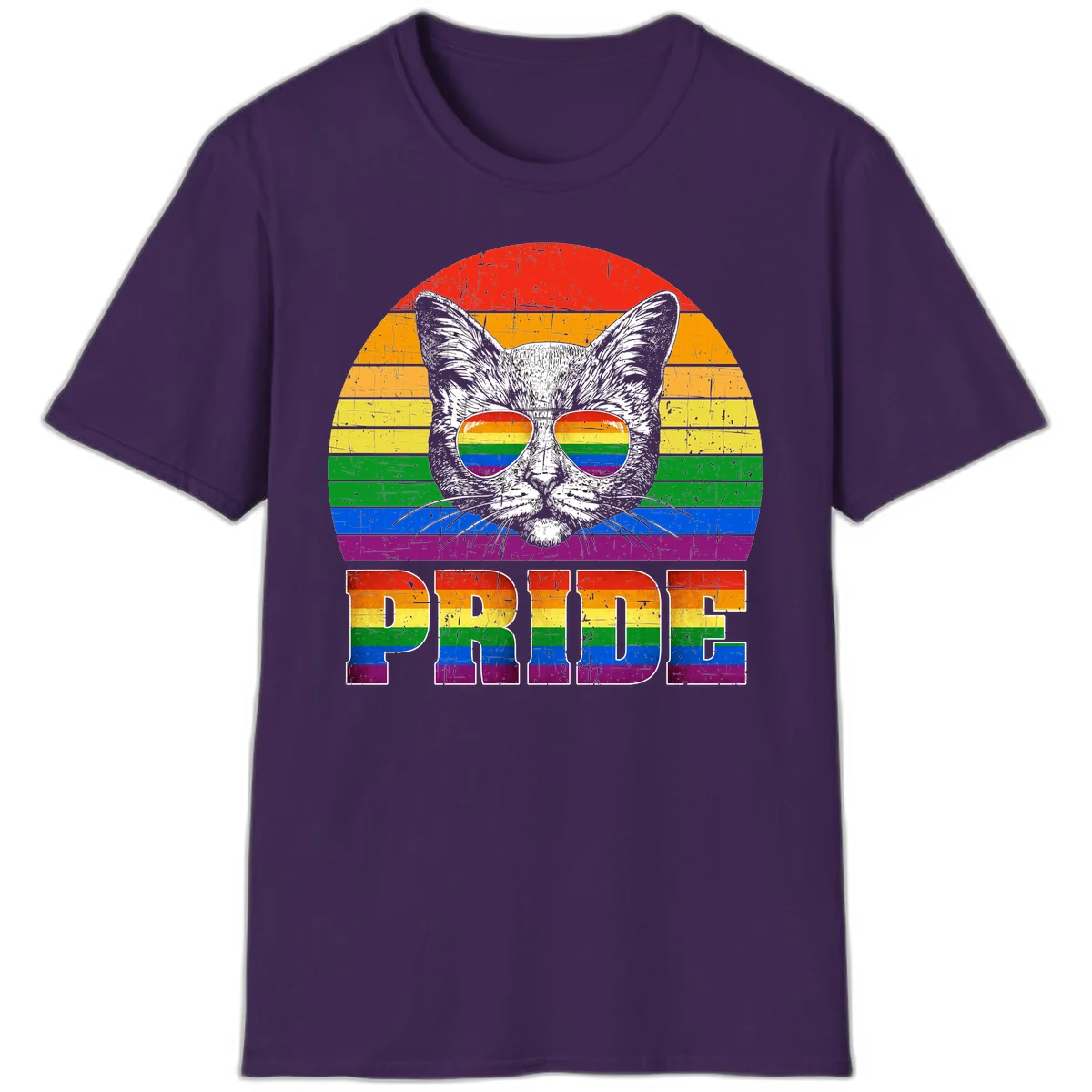 Illustration of a cool cat wearing rainbow-reflective sunglasses with the word PRIDE below, set against a rainbow striped background in Purple