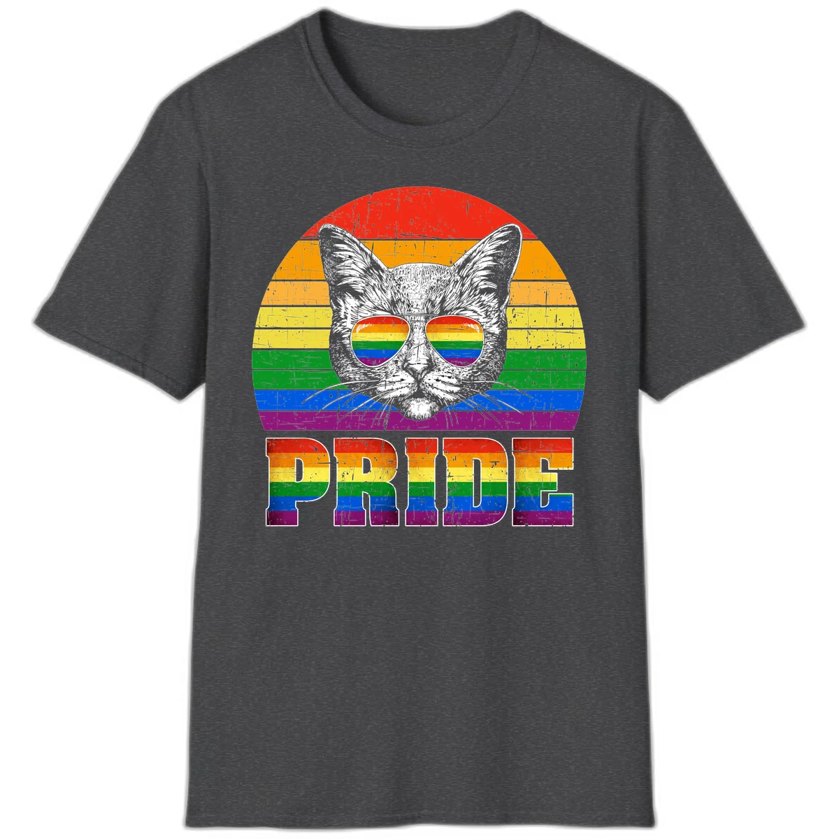 Illustration of a cool cat wearing rainbow-reflective sunglasses with the word PRIDE below, set against a rainbow striped background in Dark Heather