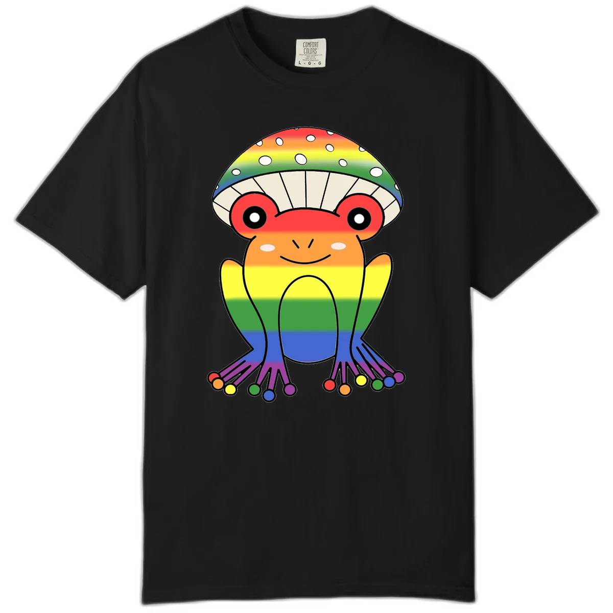 Cute rainbow mushroom character with spotted cap, large smiling eyes, and colorful gradient-filled body in pride colors in Black