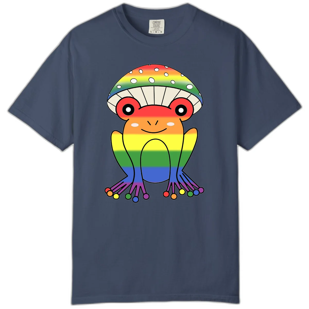 Cute rainbow mushroom character with spotted cap, large smiling eyes, and colorful gradient-filled body in pride colors in Midnight
