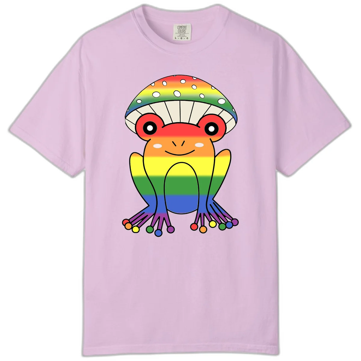 Cute rainbow mushroom character with spotted cap, large smiling eyes, and colorful gradient-filled body in pride colors in Orchid