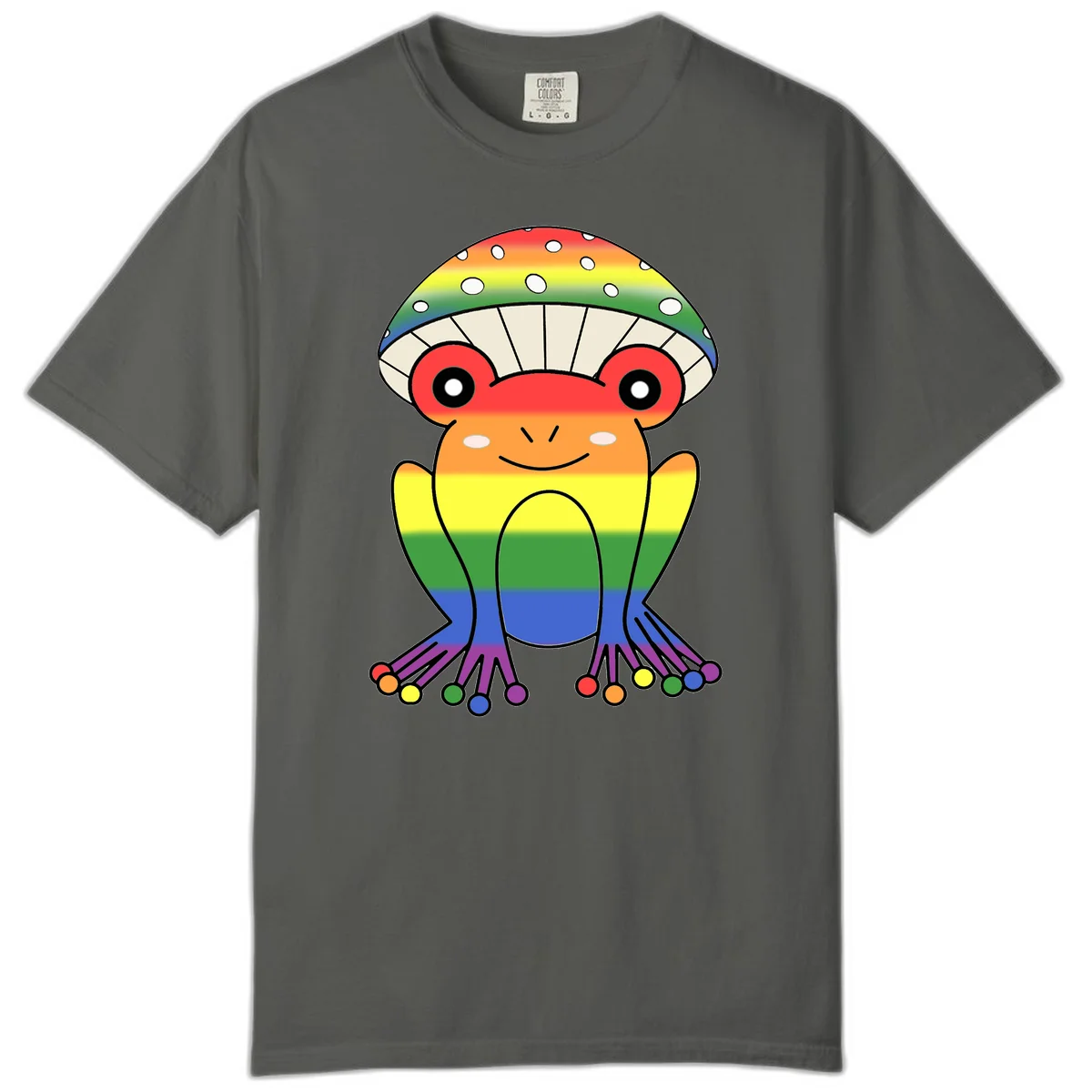 Cute rainbow mushroom character with spotted cap, large smiling eyes, and colorful gradient-filled body in pride colors in Pepper
