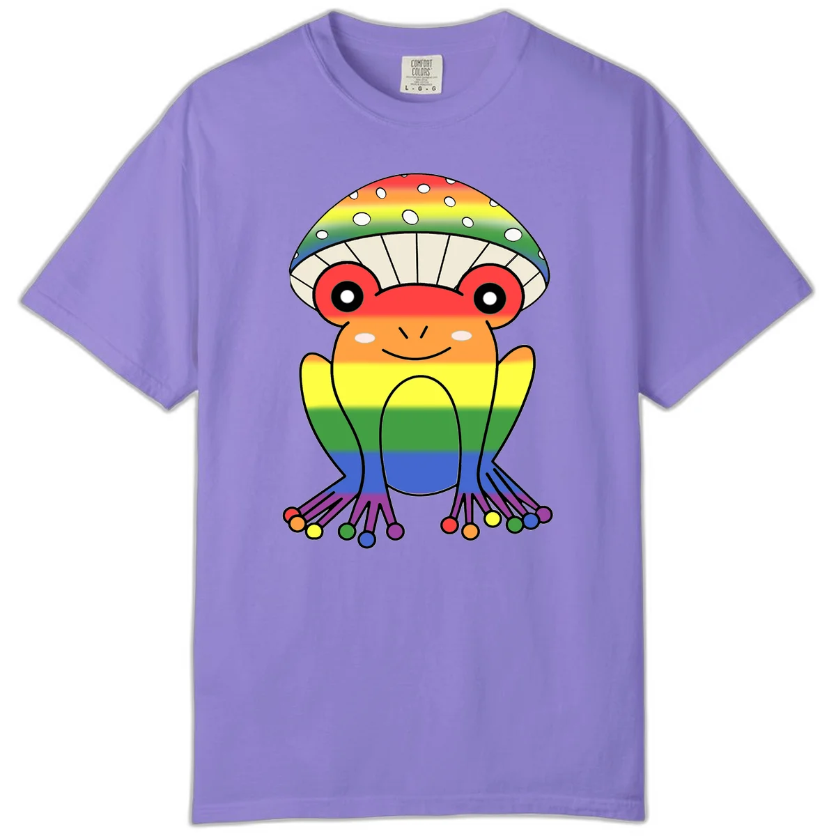 Cute rainbow mushroom character with spotted cap, large smiling eyes, and colorful gradient-filled body in pride colors in Violet