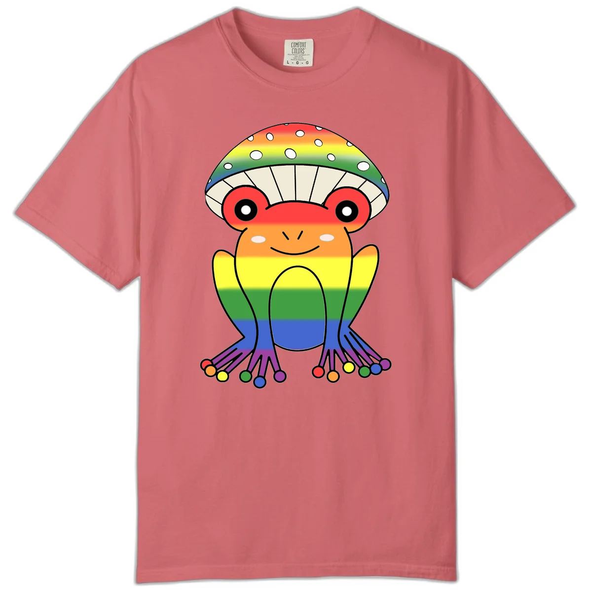 Cute rainbow mushroom character with spotted cap, large smiling eyes, and colorful gradient-filled body in pride colors in Watermelon