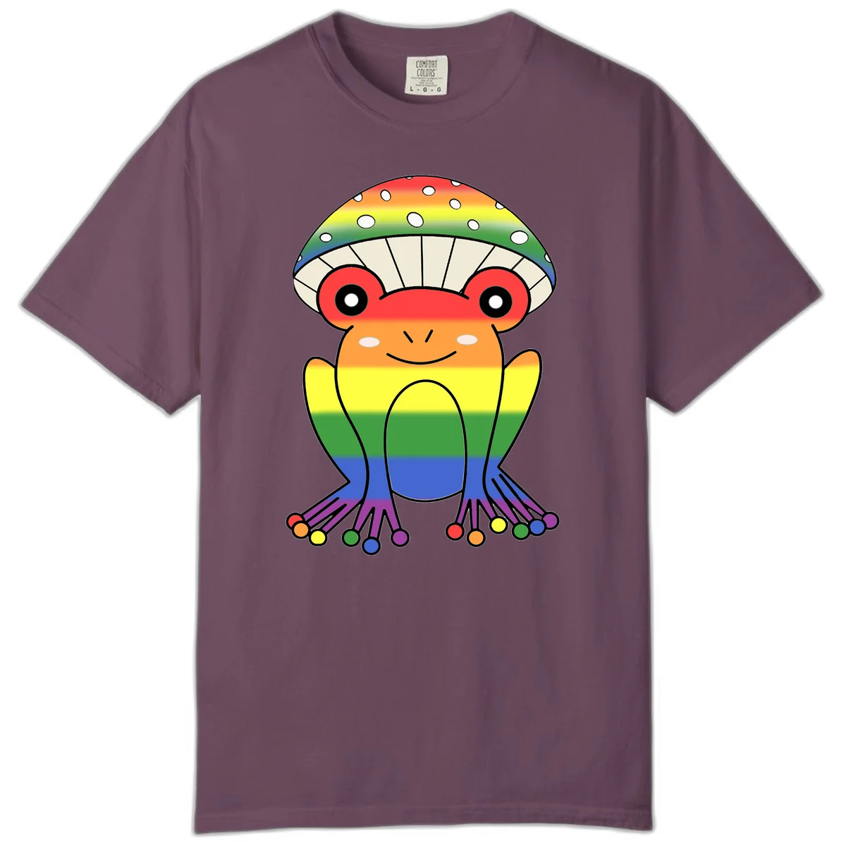 Cute rainbow mushroom character with spotted cap, large smiling eyes, and colorful gradient-filled body in pride colors in Berry
