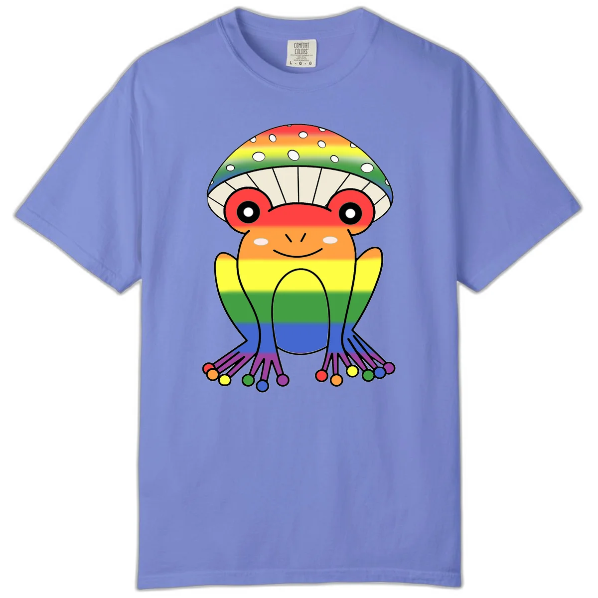 Cute rainbow mushroom character with spotted cap, large smiling eyes, and colorful gradient-filled body in pride colors in Flo Blue