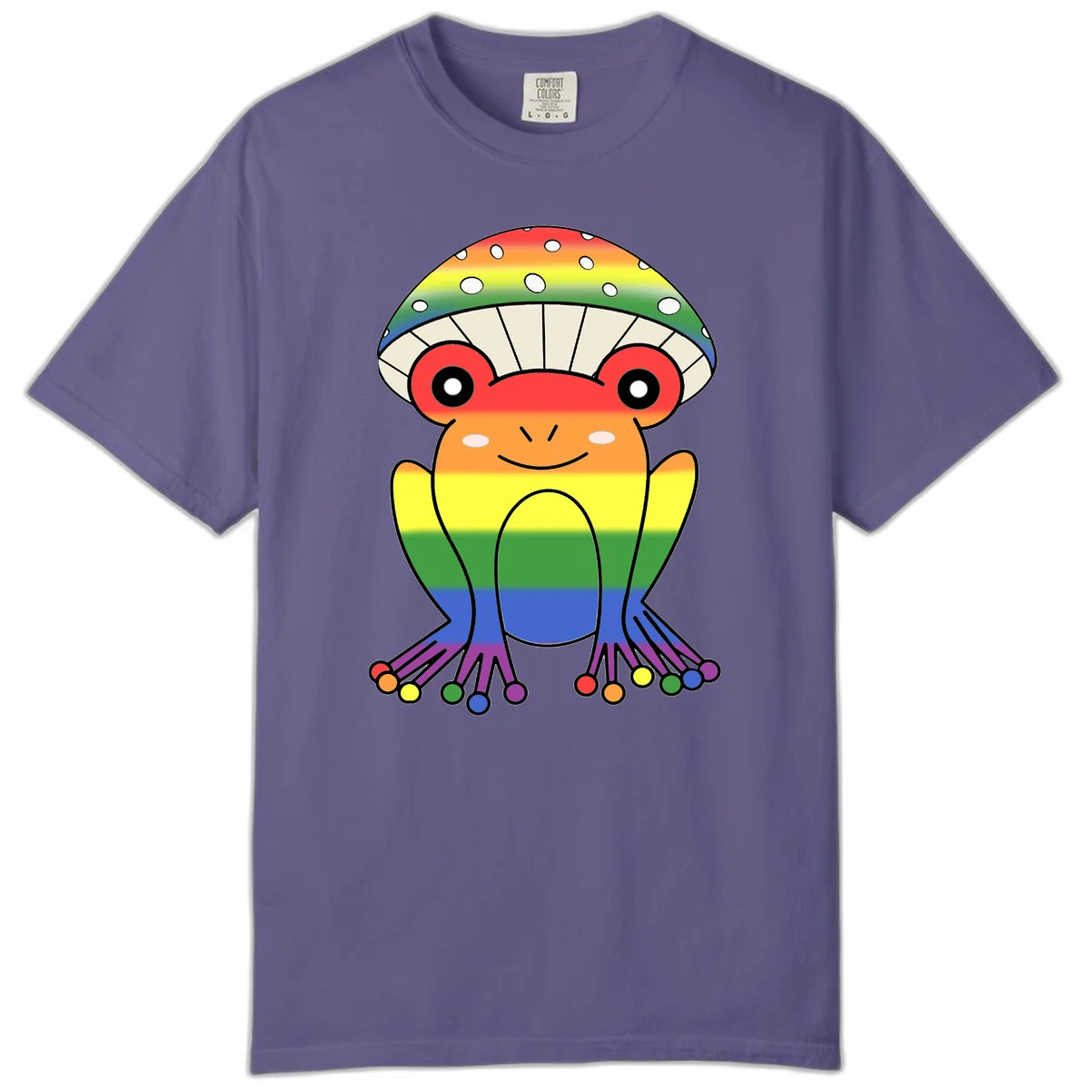 Cute rainbow mushroom character with spotted cap, large smiling eyes, and colorful gradient-filled body in pride colors in Grape