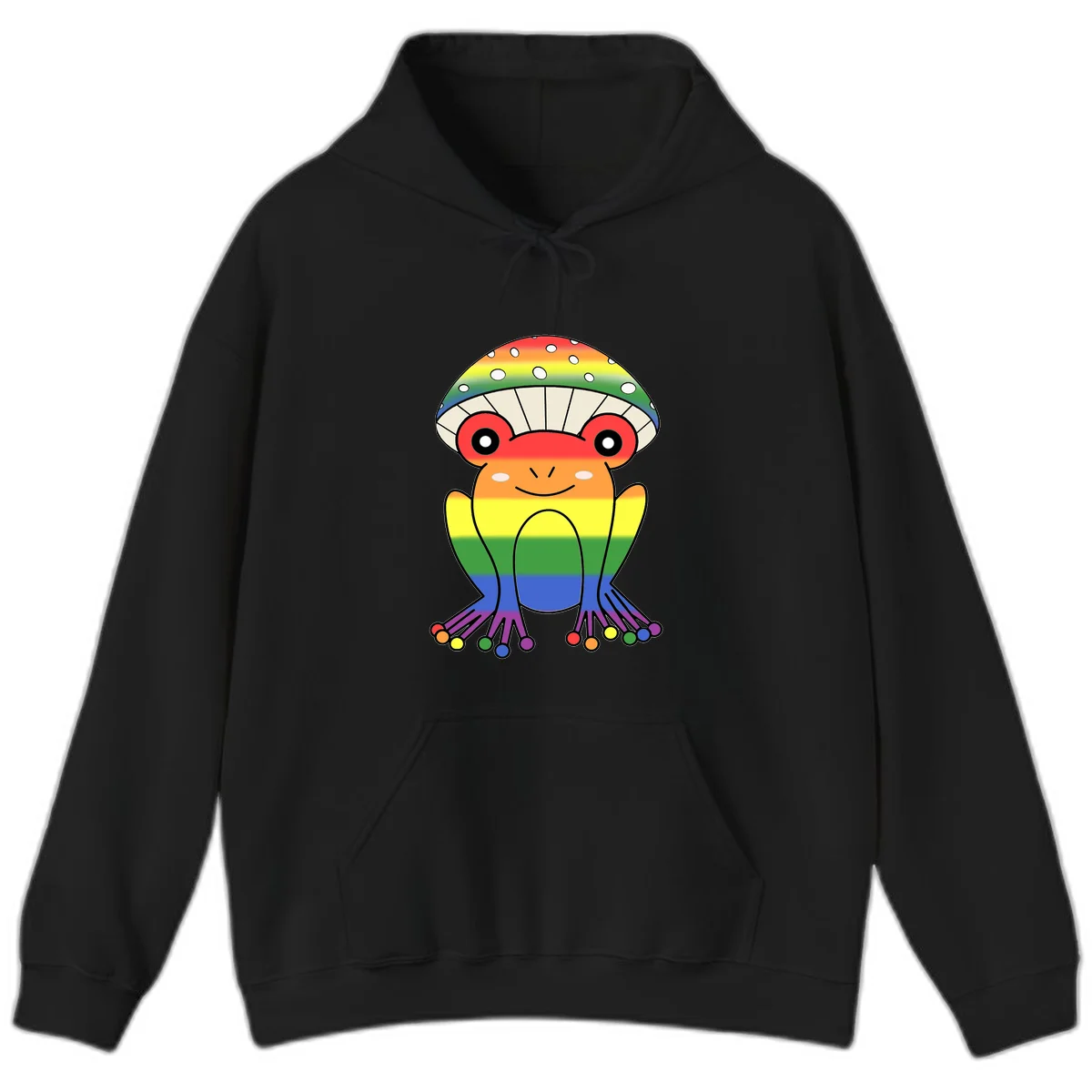 Cute rainbow mushroom character with spotted cap, large smiling eyes, and colorful gradient-filled body in pride colors in Black