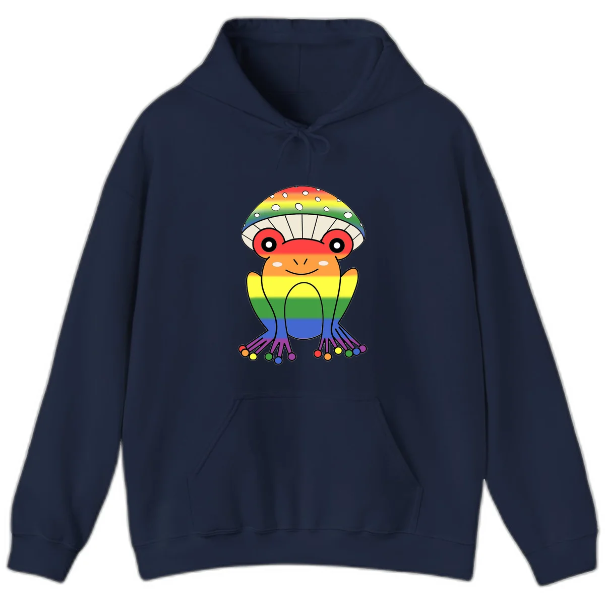 Cute rainbow mushroom character with spotted cap, large smiling eyes, and colorful gradient-filled body in pride colors in Navy