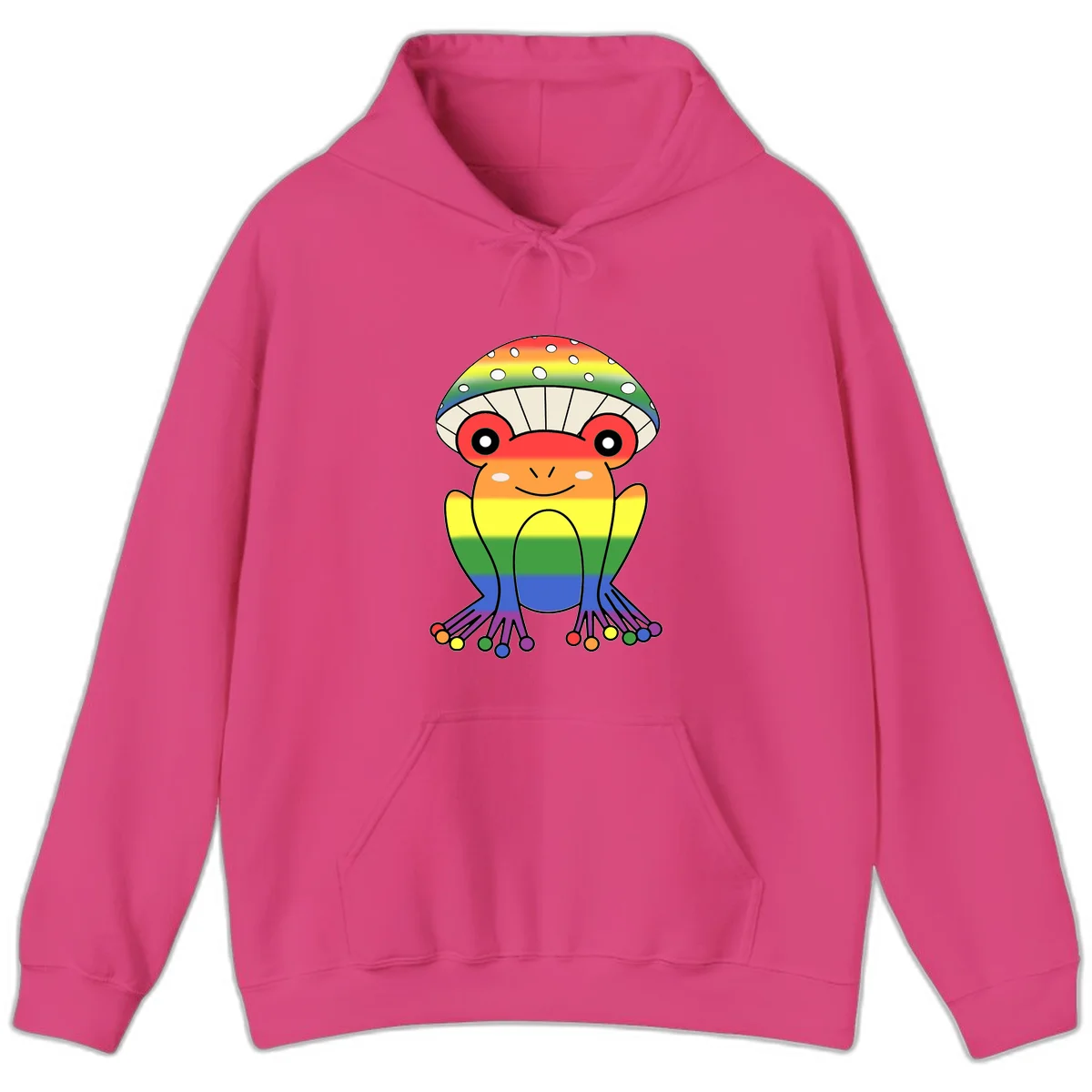 Cute rainbow mushroom character with spotted cap, large smiling eyes, and colorful gradient-filled body in pride colors in Heliconia